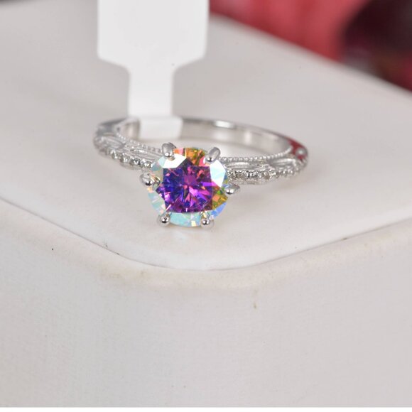 Certified 2.0ct Round Brilliant Cut AB Moonstone Moissanite Engagement Ring - Picture 1 of 4